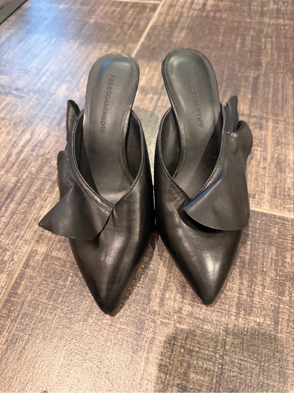 Rebecca Minkoff Black Leather Pointed Mule with Sculpted Bow